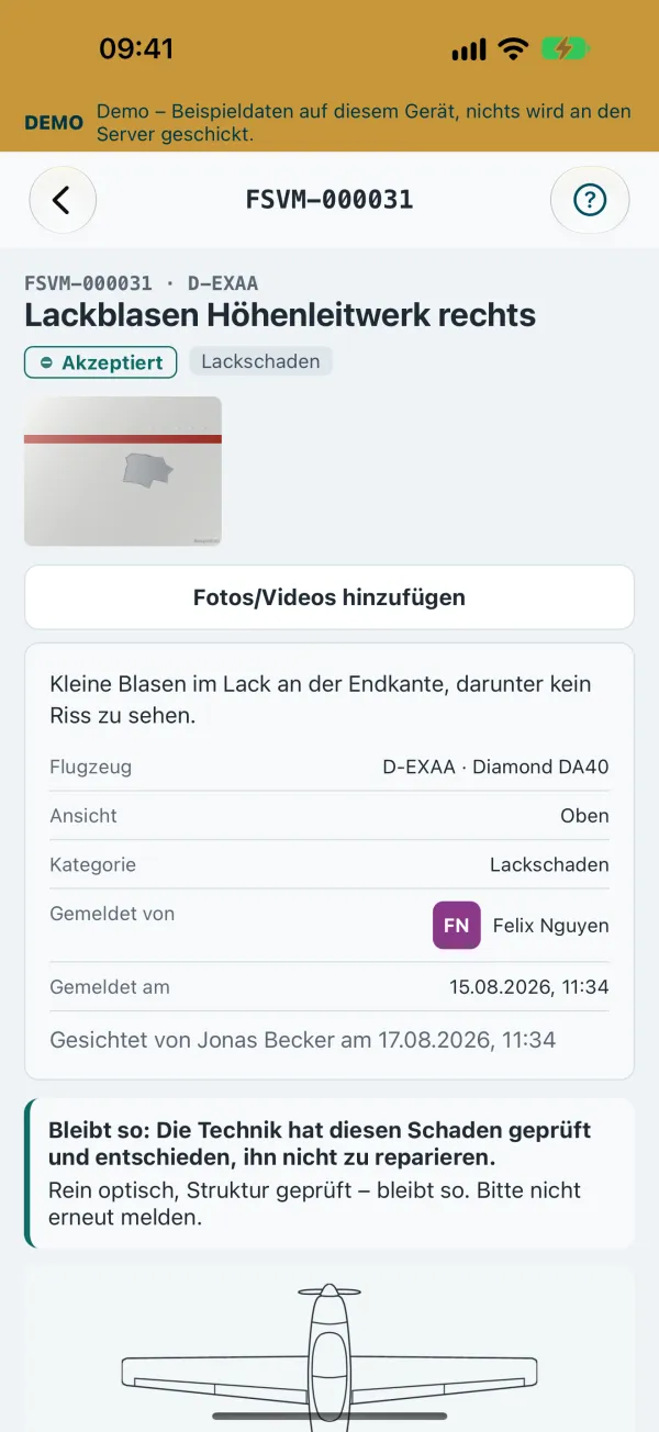 Schaden mit Status „akzeptiert“ in der iPhone-App