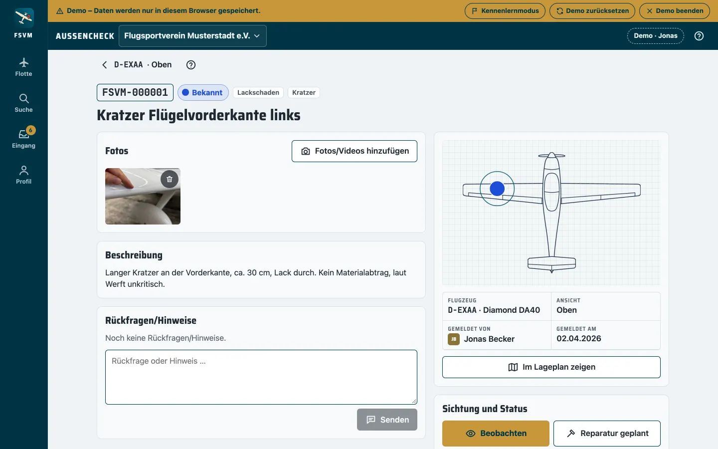 Ein Beispielschaden in der Demo