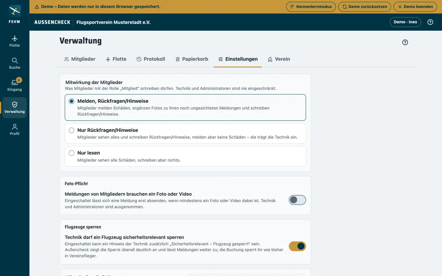 Einstellungen des Vereins: Mitwirkung der Mitglieder, Foto-Pflicht und Sperren