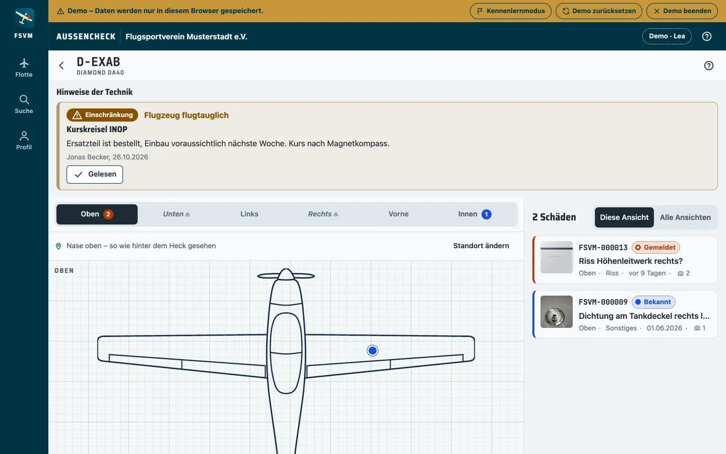 Ein Flugzeug mit Hinweis der Technik: Einschränkung „Kurskreisel INOP“ ganz oben, darunter Lageplan und Schäden, mit Knopf „Gelesen“