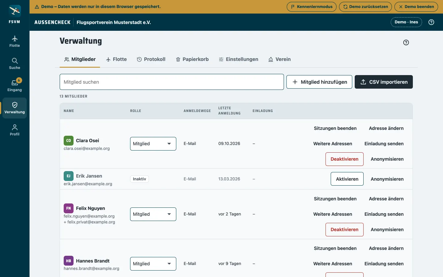 Mitgliederverwaltung mit Rollen, Einladungen und CSV-Import